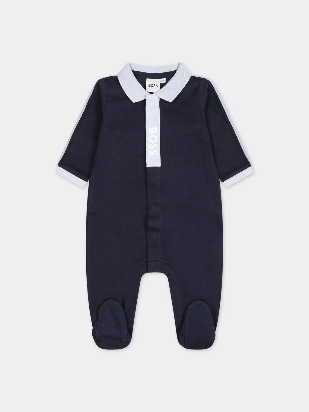 Blue cotton babygrow for baby boy with logo